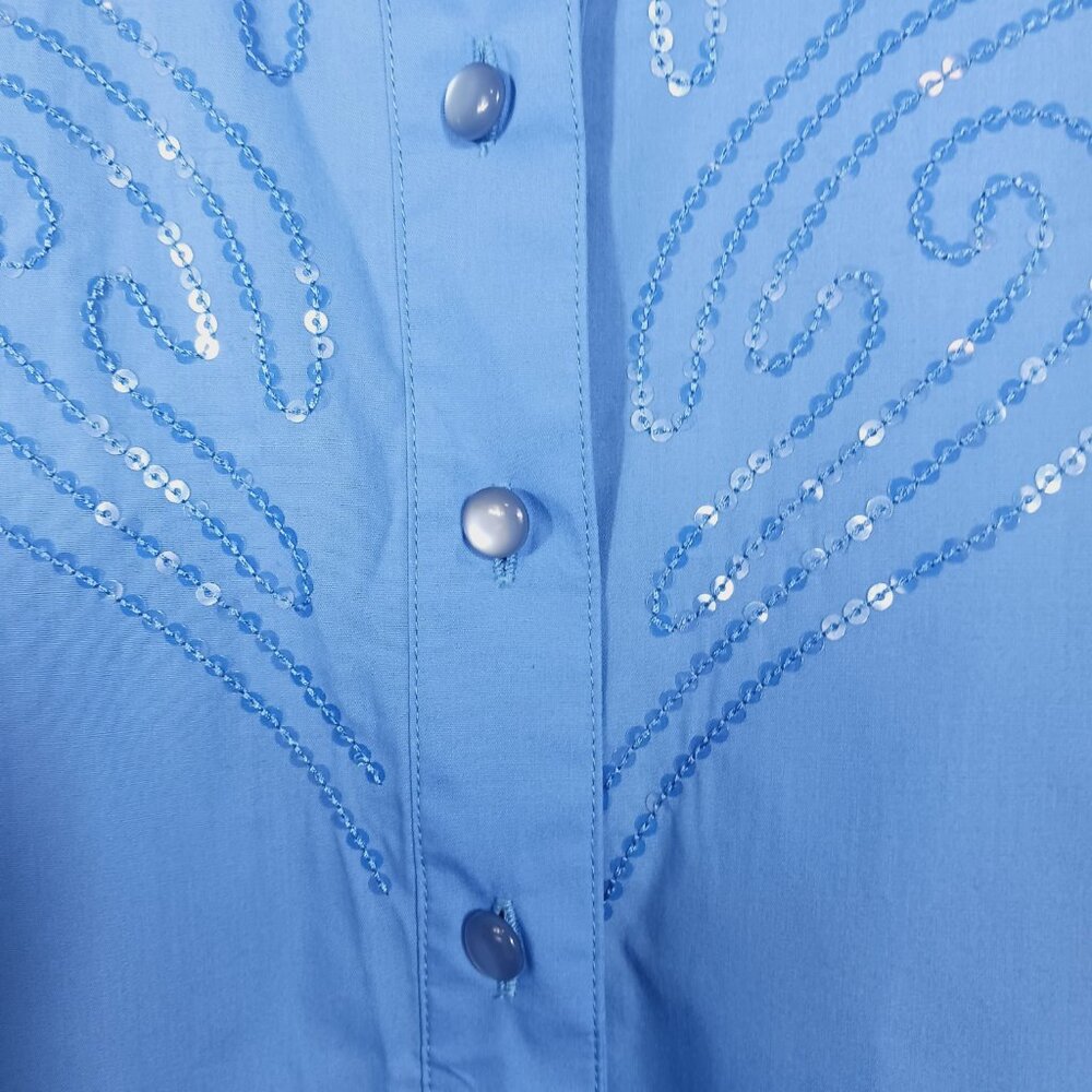 Bob Mackie NWT, Size Med., Blue, Button Down Shirt W/ Sequins & Mandarin Collar - Picture 8 of 16